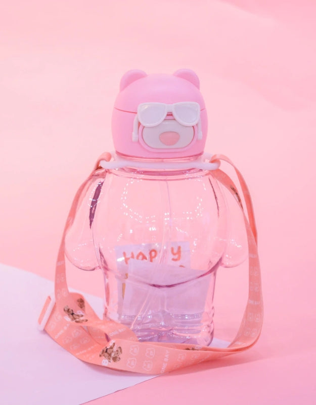 Pink bear-shaped water bottle with white sunglasses and a pink strap, 850ml.